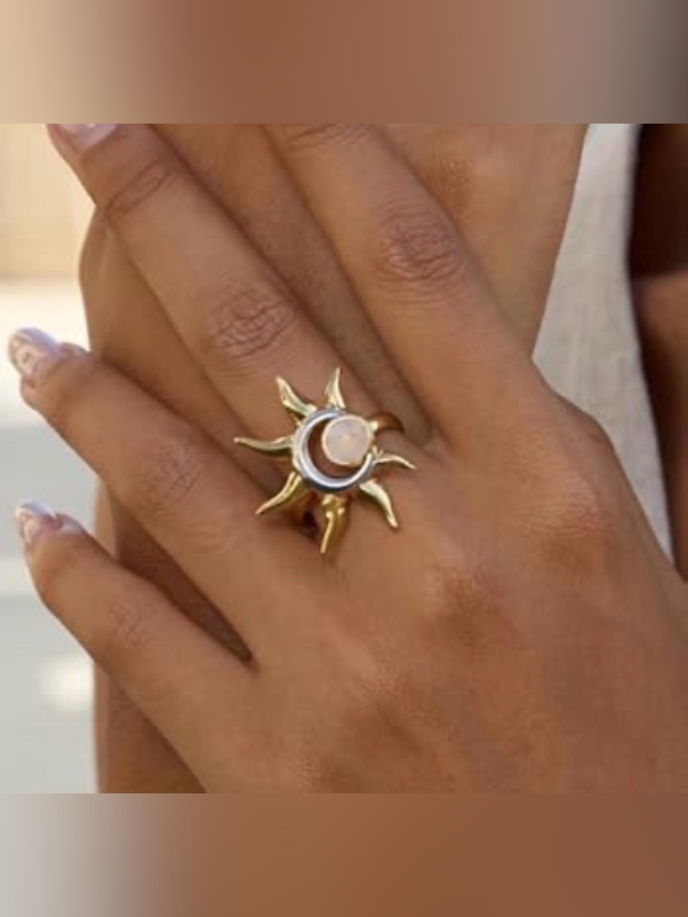 Gold Sun Motif Ring with Moonstone Accent - Women Jewelry